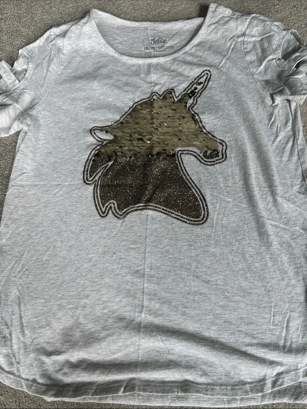 Justice Gray Tee with Reversible Sequin Unicorn - Red and Gold Accents